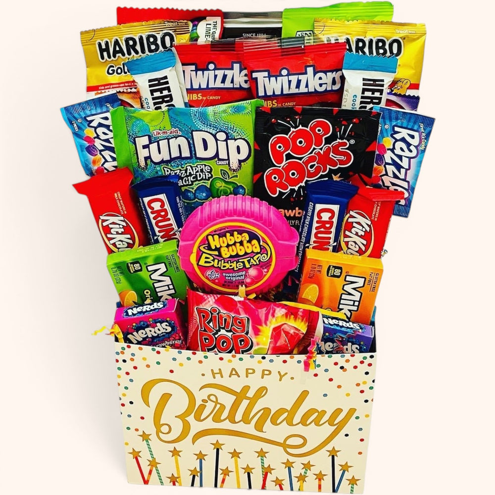 CandyCakeExplosion Happy Birthday Bouquet filled with assorted candy bars, chocolates, and treats in a festive box.