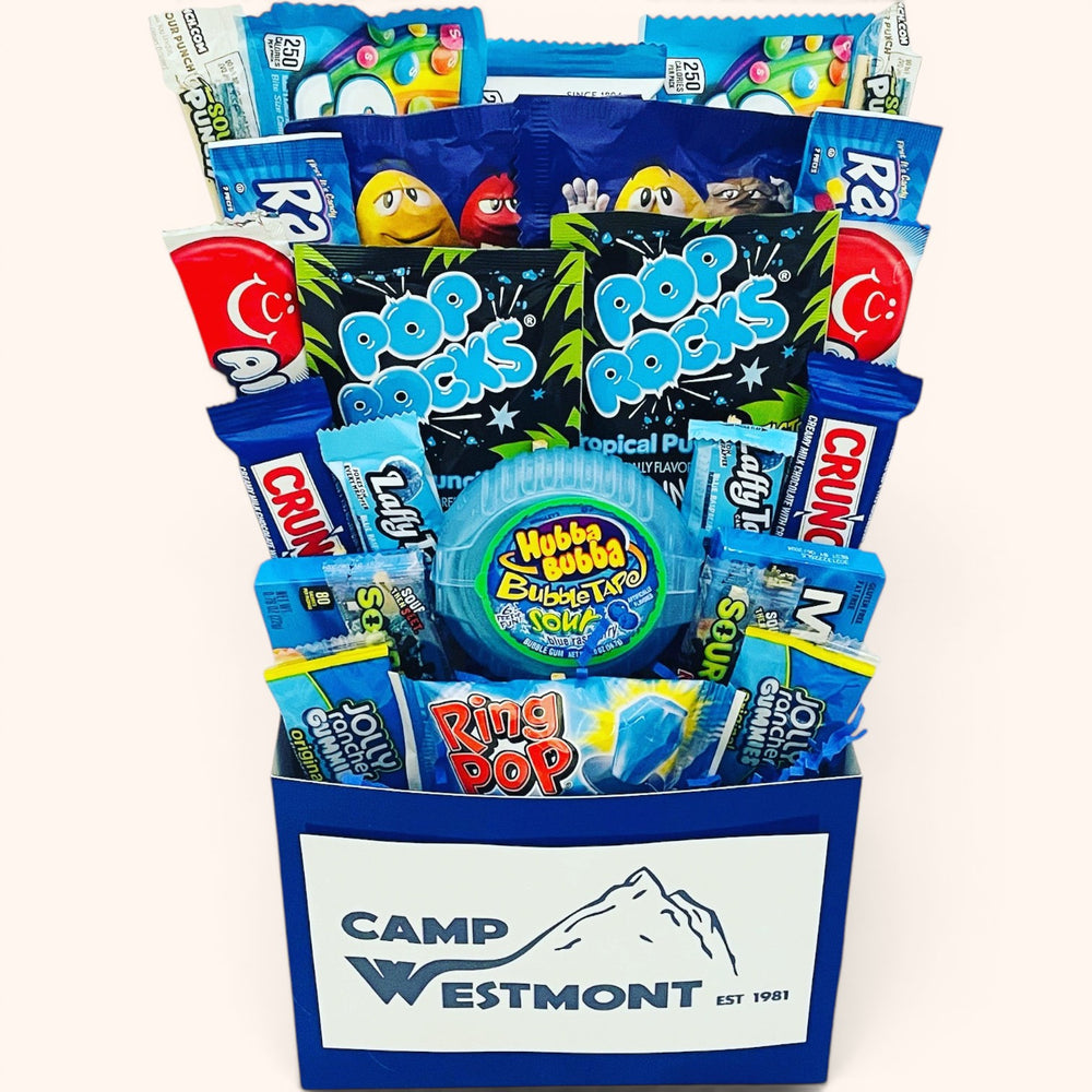 CandyCakeExplosion Camp Box Bouquet featuring an assortment of blue-themed chewy candies, gummies, and sour snacks.