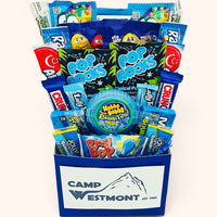 CandyCakeExplosion Camp Box Bouquet featuring an assortment of blue-themed chewy candies, gummies, and sour snacks.