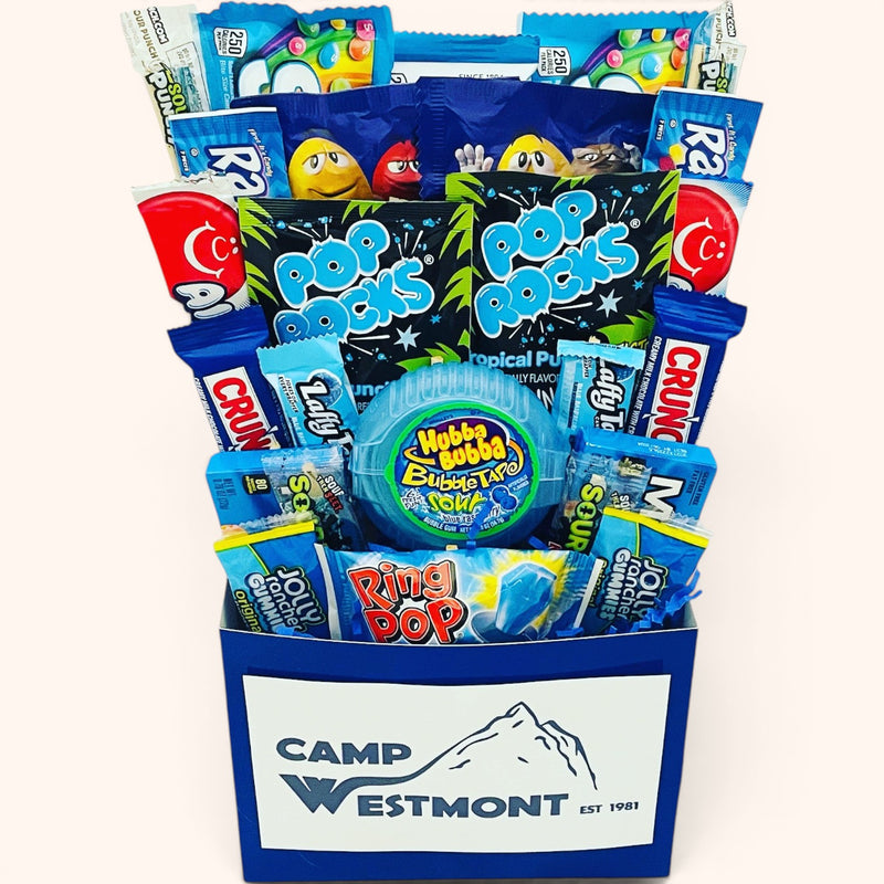 CandyCakeExplosion Camp Box Bouquet featuring an assortment of blue-themed chewy candies, gummies, and sour snacks.