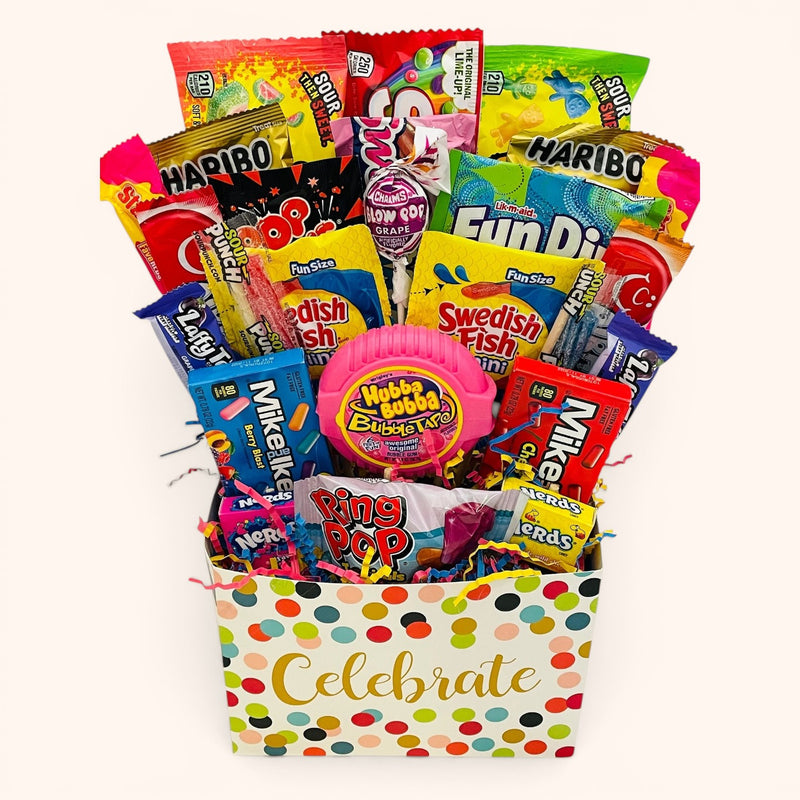 CandyCakeExplosion Celebrate Bouquet featuring 25 assorted fruity candies in a polka dot box with a celebratory ribbon