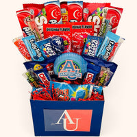 CandyCakeExplosion College Candy Bouquet featuring assorted chocolate bars and sweets in a blue branded gift box