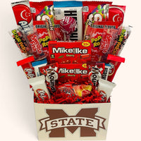 CandyCakeExplosion College Candy Bouquet featuring assorted chocolate bars and sweets in a Mississippi State gift box.