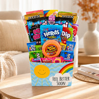 CandyCakeExplosion Get Well Bouquet featuring assorted gummies, tangy sweets, and bubblegum in a cheerful gift box.
