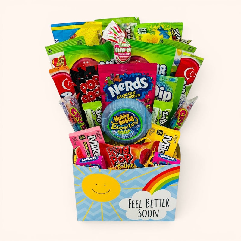 CandyCakeExplosion Get Well Bouquet featuring 25 assorted non-chocolate candies in a cheerful rainbow gift box.