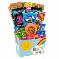 CandyCakeExplosion Get Well Bouquet featuring assorted gummies, fruity chews, and candy in a cheerful sunshine box.