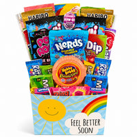 CandyCakeExplosion Get Well Bouquet featuring assorted non-chocolate gummies and candies in a cheerful gift box.