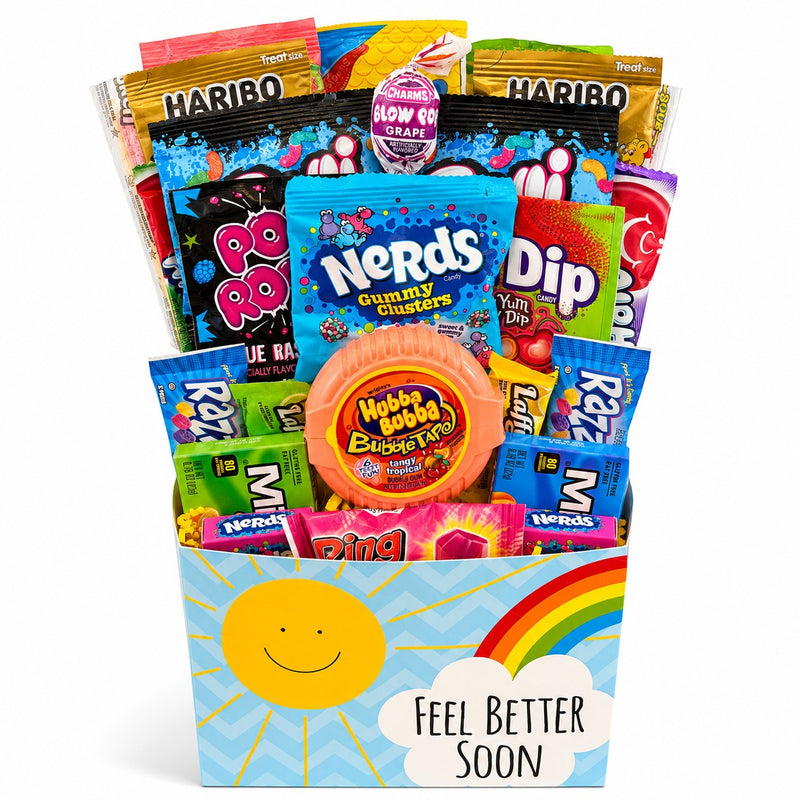 CandyCakeExplosion Get Well Bouquet featuring assorted non-chocolate gummies and candies in a cheerful gift box.