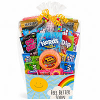 CandyCakeExplosion Get Well Bouquet featuring assorted gummies, Nerds, and Hubba Bubba in a cheerful gift basket.