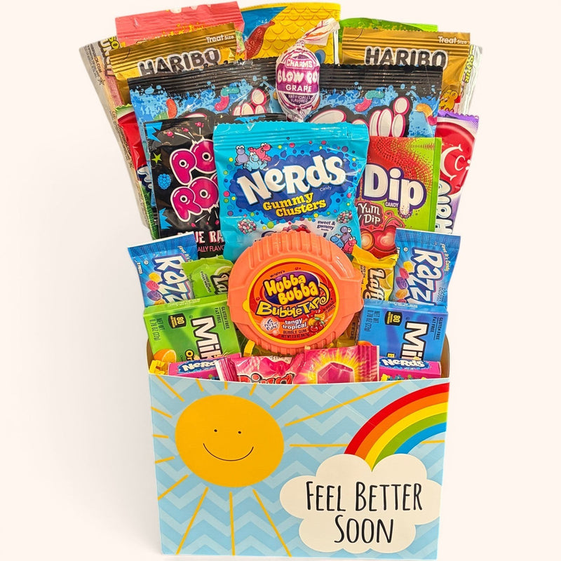 CandyCakeExplosion Get Well Bouquet featuring assorted gummies, Nerds, and Hubba Bubba in a cheerful sunshine box.