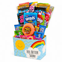 CandyCakeExplosion Get Well Bouquet featuring assorted gummies and sweets in a cheerful Feel Better Soon gift box.