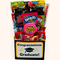 CandyCakeExplosion Congrats Graduate candy bouquet featuring assorted chocolate bars, gummy candies, and bubble gum.