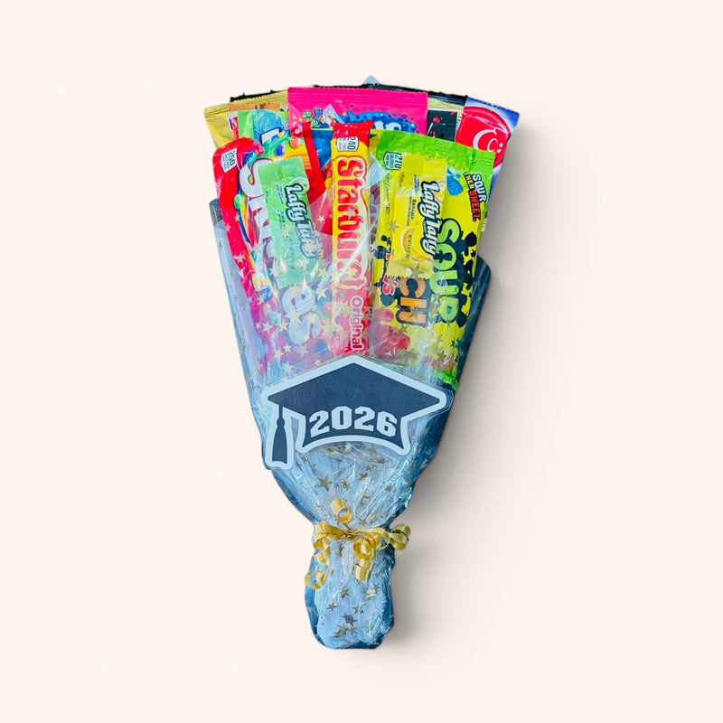CandyCakeExplosion graduation bouquet featuring 25 assorted fruity candies wrapped in clear star-patterned cello.