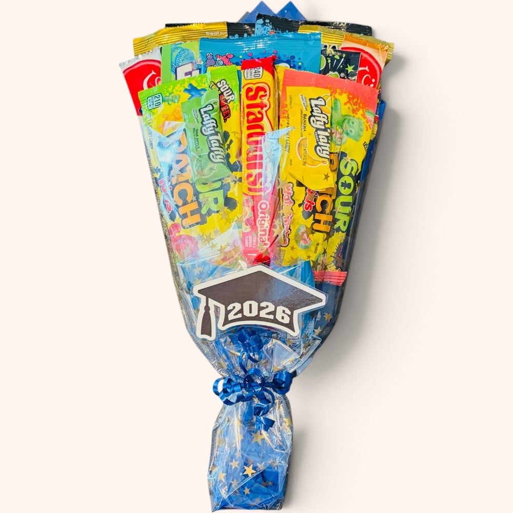 CandyCakeExplosion graduation bouquet featuring assorted candy bars and chocolates with a 2026 graduation cap topper.