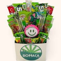 CandyCakeExplosion Camp Box Bouquet featuring green-themed non-chocolate candies, gummies, and snacks in a gift box.