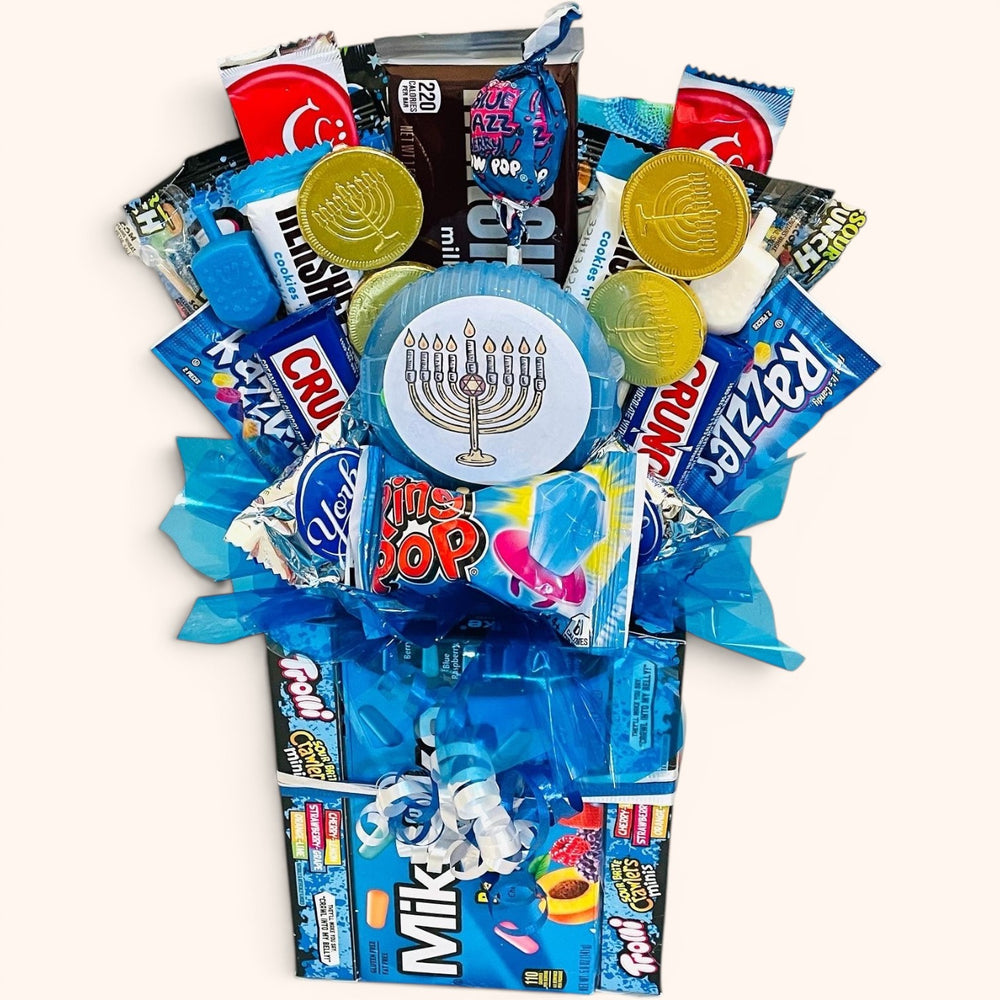CandyCakeExplosion Small Hanukkah Bouquet featuring blue and white chocolates, candy, and gold gelt in a festive display.