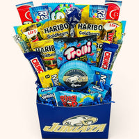 CandyCakeExplosion College Candy Bouquet featuring Juniata College branding, assorted chocolates, and candy bars in a blue box.