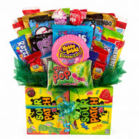 CandyCakeExplosion large sweets bouquet featuring assorted chocolate bars, candy, and Sour Patch Kids boxes with a bow.