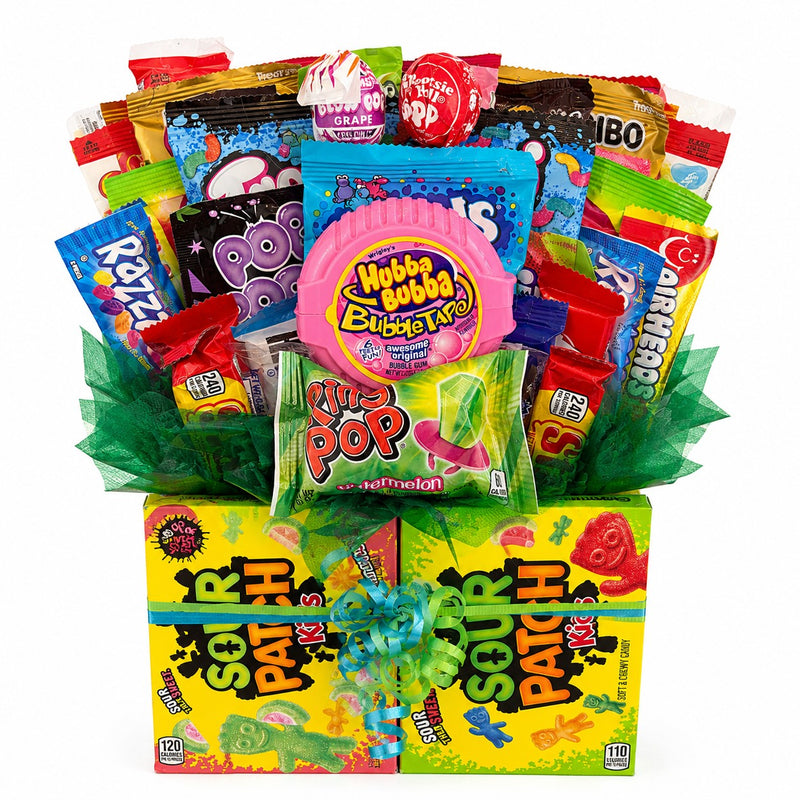 CandyCakeExplosion large sweets bouquet featuring assorted chocolate bars, candy, and Sour Patch Kids boxes with a bow.