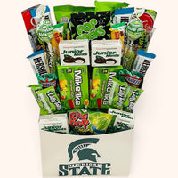 CandyCakeExplosion Michigan State college candy bouquet featuring green-themed chocolates, Mike and Ike, and Pop Rocks.