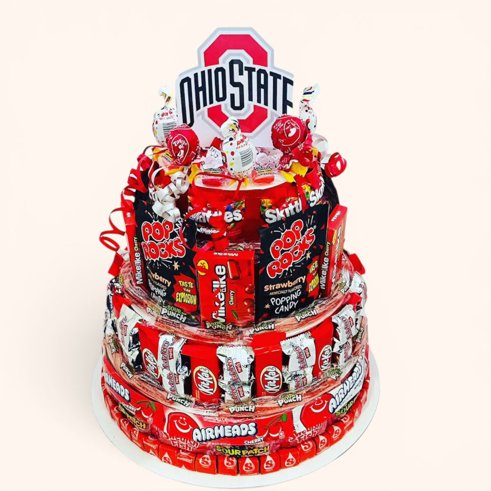 CandyCakeExplosion Jumbo Ohio State candy cake with red chocolates, full-size candy bars, and university branding.