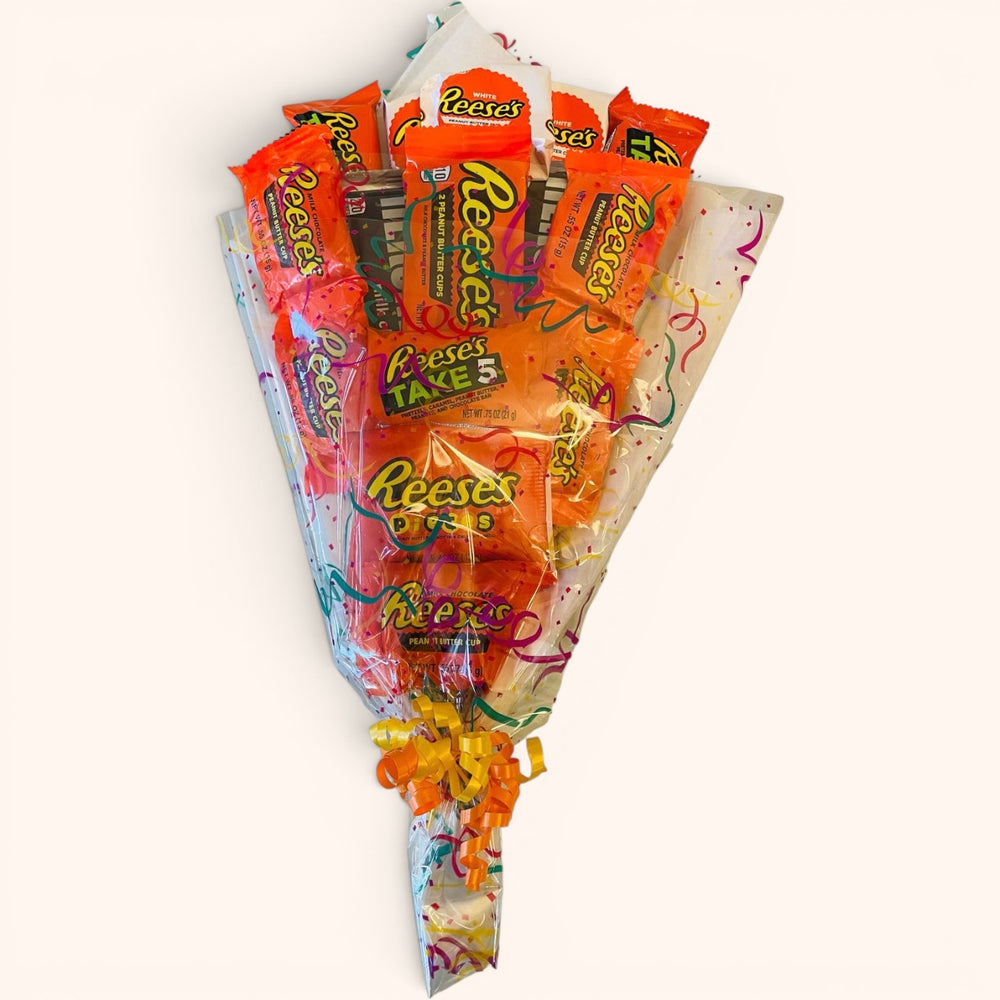 CandyCakeExplosion Peanut Butter Lovers Bouquet featuring an assortment of Reese's chocolate bars in a gift wrap