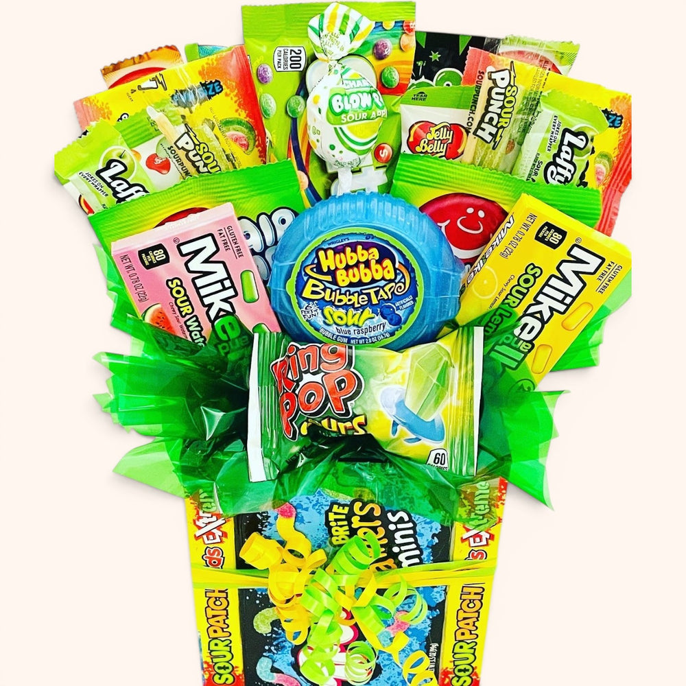 CandyCakeExplosion small sour candy bouquet featuring assorted gummies, Mike and Ike, and Hubba Bubba in green wrap.