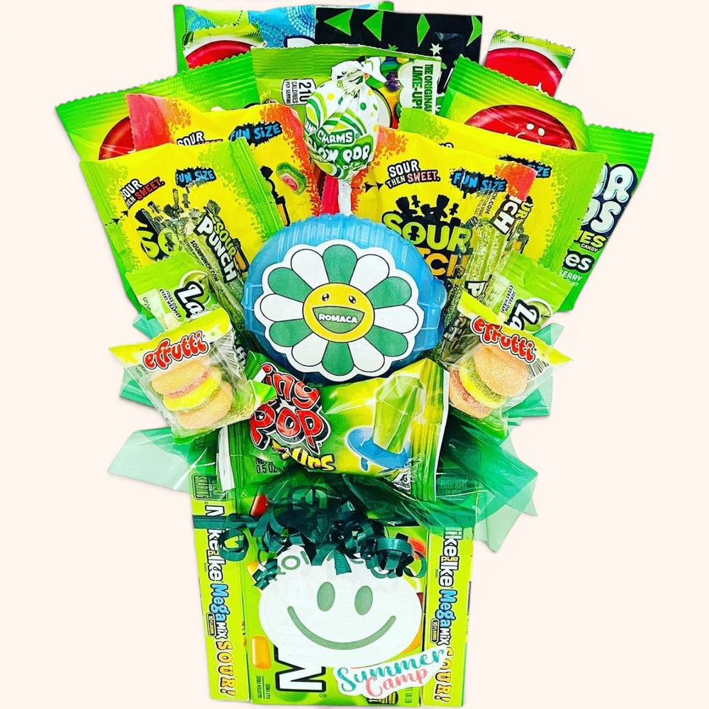 CandyCakeExplosion Camp Bouquet featuring a vibrant arrangement of sour, fruity, and chewy candies in green packaging.