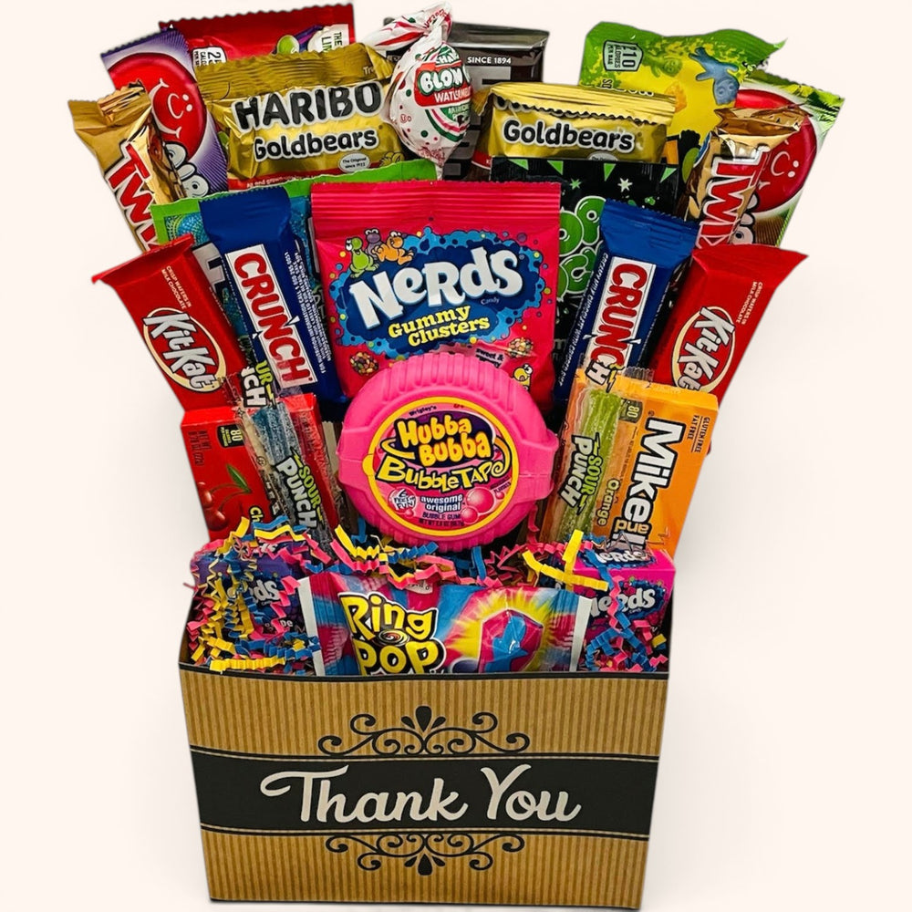 CandyCakeExplosion Thank You Bouquet featuring assorted premium chocolates, candy bars, and sweets in a gift box.