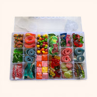 CandyCakeExplosion XL tackle box filled with assorted gummy candies, chocolates, and treats for camp care packages.